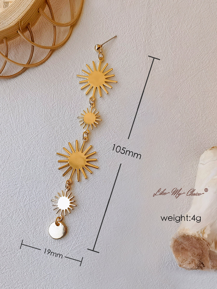 Gold Sun Long Drop Earrings