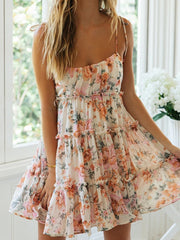 A-Line Loose Flower Print Layered Pleated Split-Joint Tied Spaghetti-Neck Mini Dresses