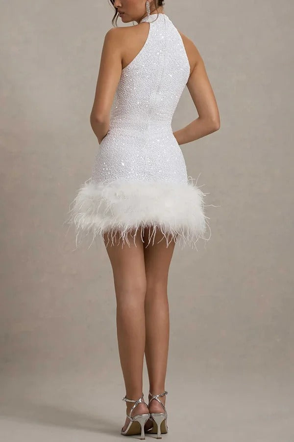 Dazzling and Playful Sequin High Neck Feather Trim Stretch Mini Dress