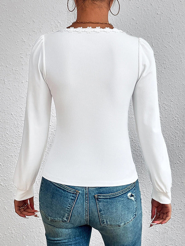 Long Sleeves Skinny Flower Shape Solid Color Lace Collar T-Shirts Tops