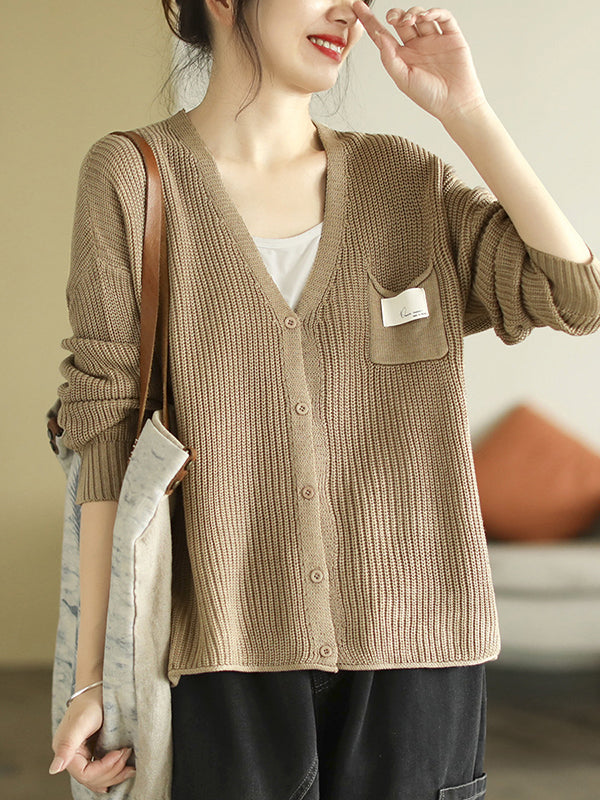 6 Colors Urban Split-Joint Solid Color V-Neck Cardigan Top