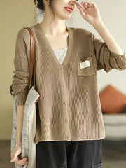 6 Colors Urban Split-Joint Solid Color V-Neck Cardigan Top