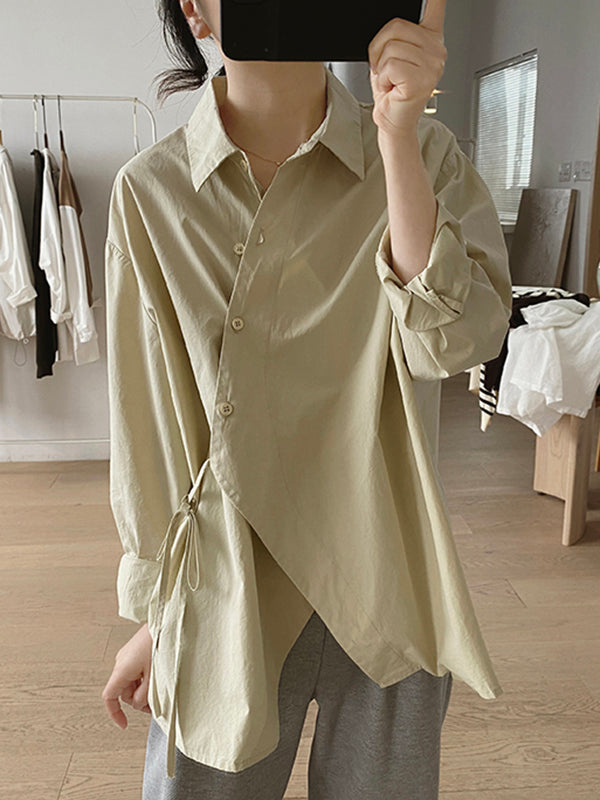 Irregular Clipping Long Sleeves Lace-Up Solid Color Lapel Blouses