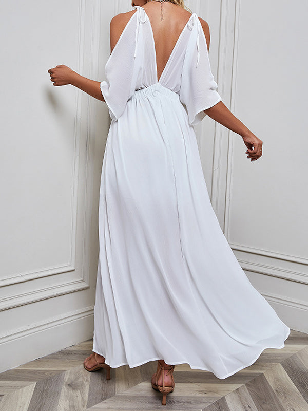 Batwing Sleeves Loose Solid Color Split-Front Deep V-Neck Maxi Dresses