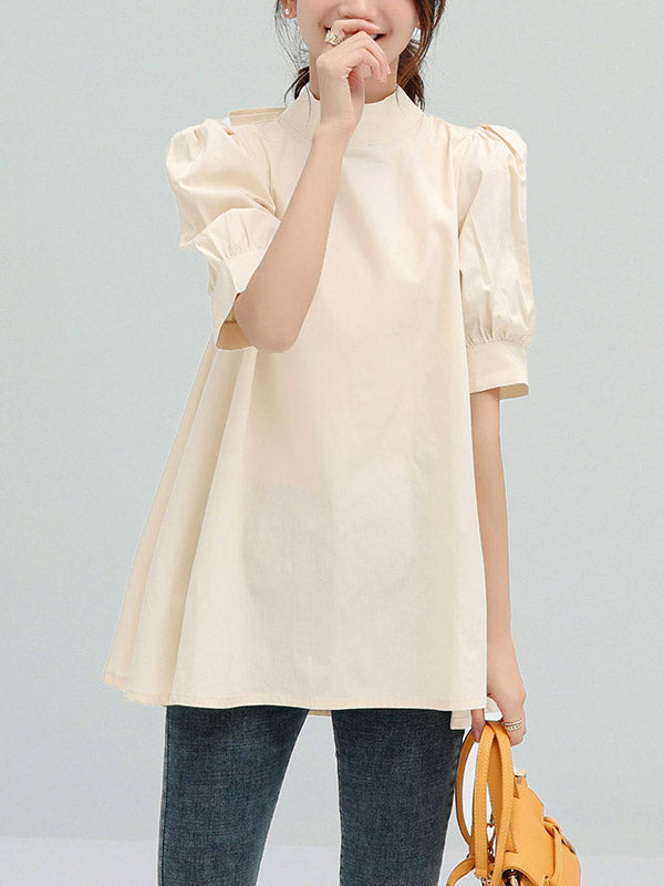 Half Sleeves Loose Bowknot Pleated Solid Color Mock Neck Blouses&Shirts Tops