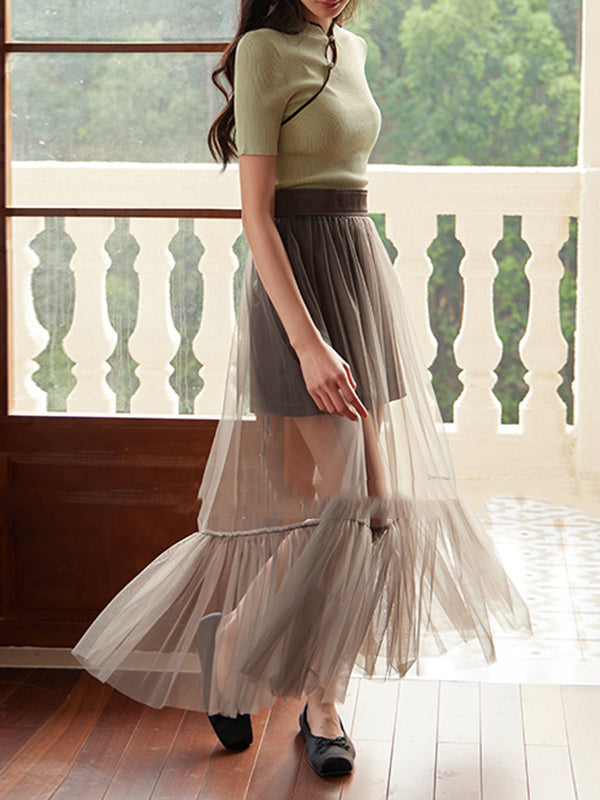 A-Line High Waisted Pleated See-Through Split-Joint Tulle Skirts Bottoms