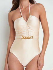 Metal Belt One-Piece Solid Color Suspender One-Piece Swimsuit