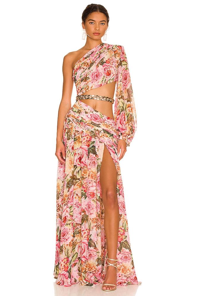 Gertrude Printed Cut-out Asymmetry Maxi Dress