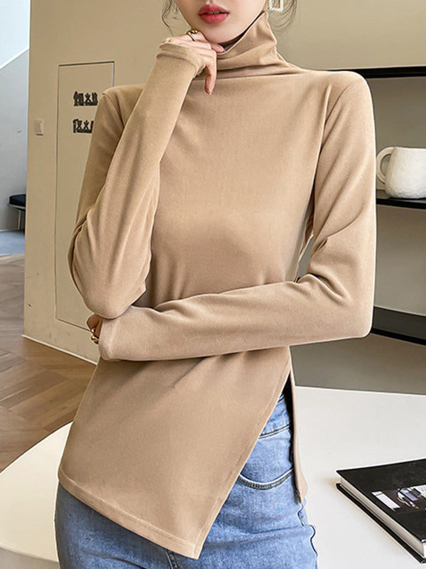 Casual Skinny Long Sleeves Split-Side Solid Color High-Neck T-Shirts Tops