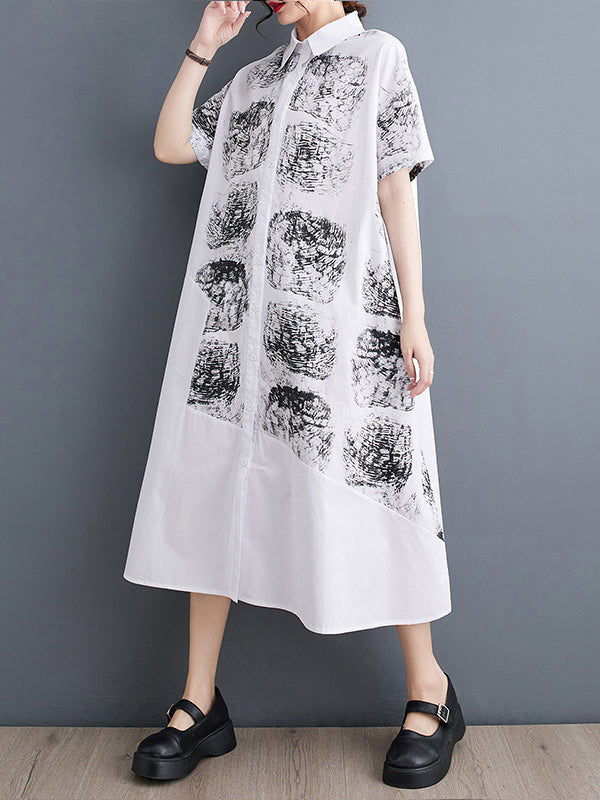 Loose Short Sleeves Abstract Printed Lapel Midi Dresses Shirt Dress