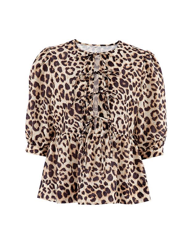 Half Sleeves Loose Elasticity Leopard Pleated Split-Joint Tied Round-Neck Blouses&Shirts Tops