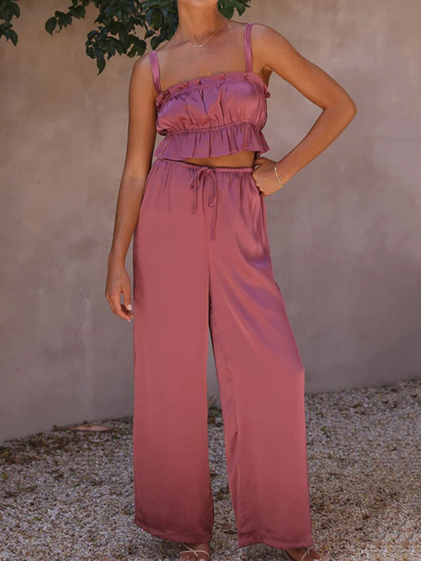 Elasticity Pleated Solid Color Spaghetti-Neck Tops + High Waisted Drawstring Pants Trousers Two Pieces Set