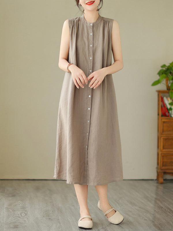 A-Line Sleeveless Buttoned Pleated Solid Color Round-Neck Midi Dresses