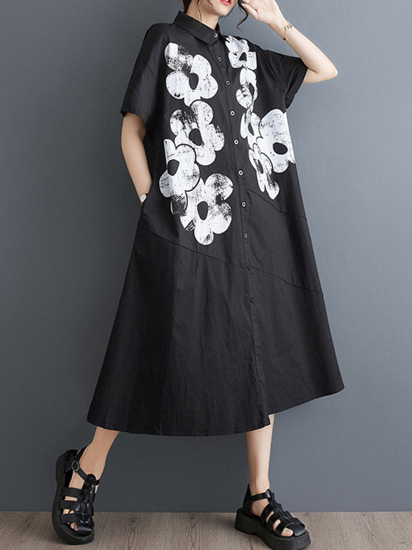 A-Line Loose Asymmetric Buttoned Flower Print Lapel Midi Dresses Shirt Dress