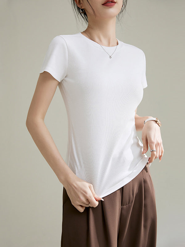 Short Sleeves Skinny Solid Color Round-Neck T-Shirts Tops