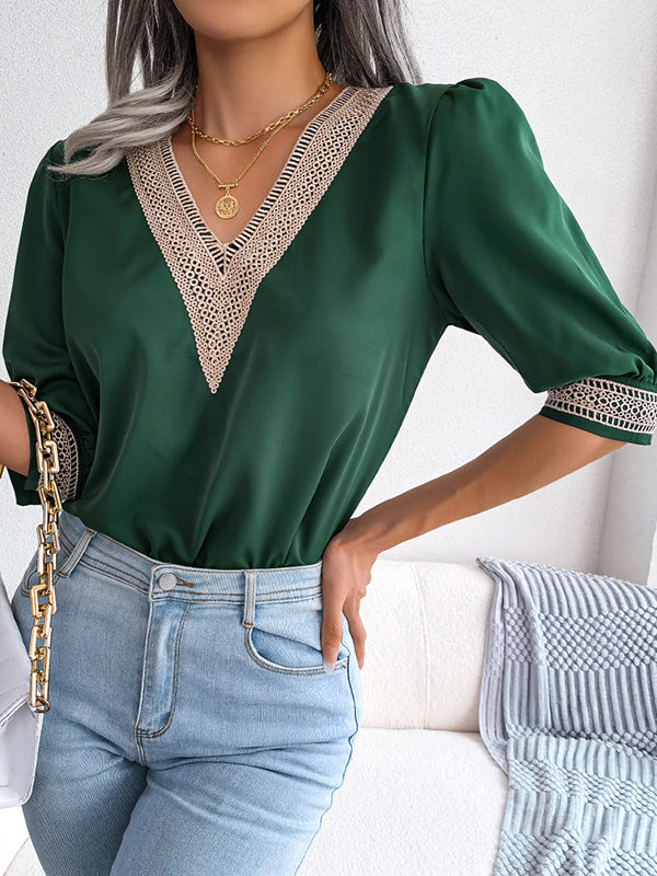 Half Sleeves Loose Split-Joint V-Neck T-Shirts Tops