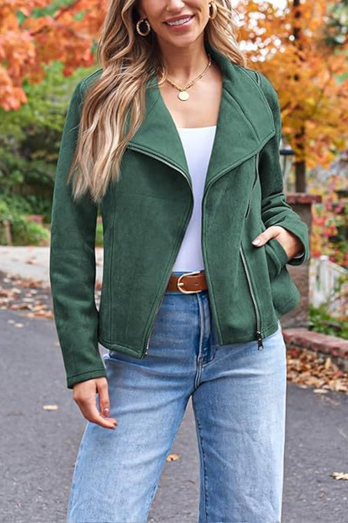 Zip Up Pocketed Faux Suede Moto Jacket