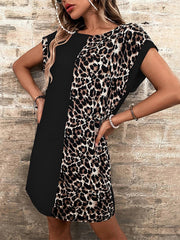 Loose Raglan Sleeve Contrast Color Leopard Pockets Round-Neck Mini Dresses