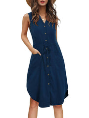 Sleeveless V-neck Button Up Pocket Dress