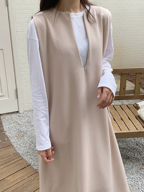 Casual Sleeveless Loose Solid Color V-Neck Midi Dresses