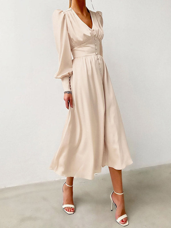 A-Line High Waisted Buttoned Pleated Solid Color V-Neck Midi Dresses