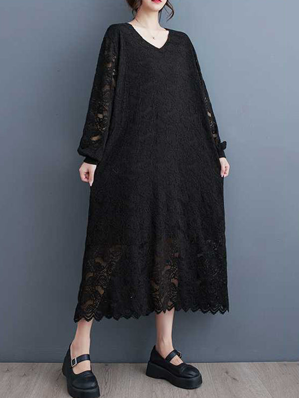 Bishop Sleeve Long Sleeves Jacquard V-Neck Midi Dresses