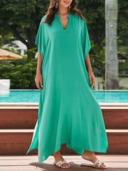 Batwing Sleeves Half Sleeves Solid Color Split-Side Sun Protection V-Neck Beach Cover-Up Maxi Dresses