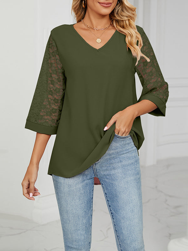 Loose Three-Quarter Sleeves Mesh Solid Color Split-Joint Round-Neck T-Shirts Tops