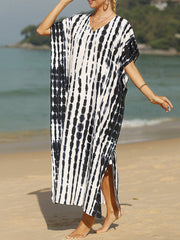 Loose Short Sleeves Printed Split-Side Sun Protection V-Neck Maxi Dresses