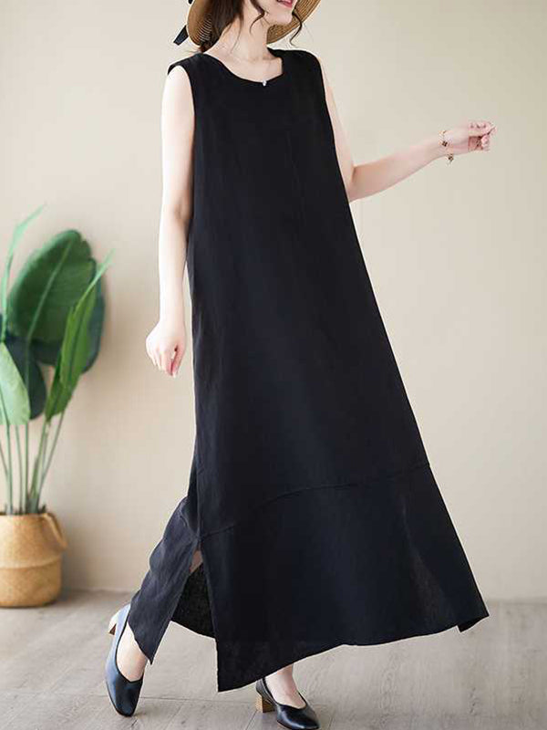 A-Line Loose Solid Color Round-Neck Midi Dresses