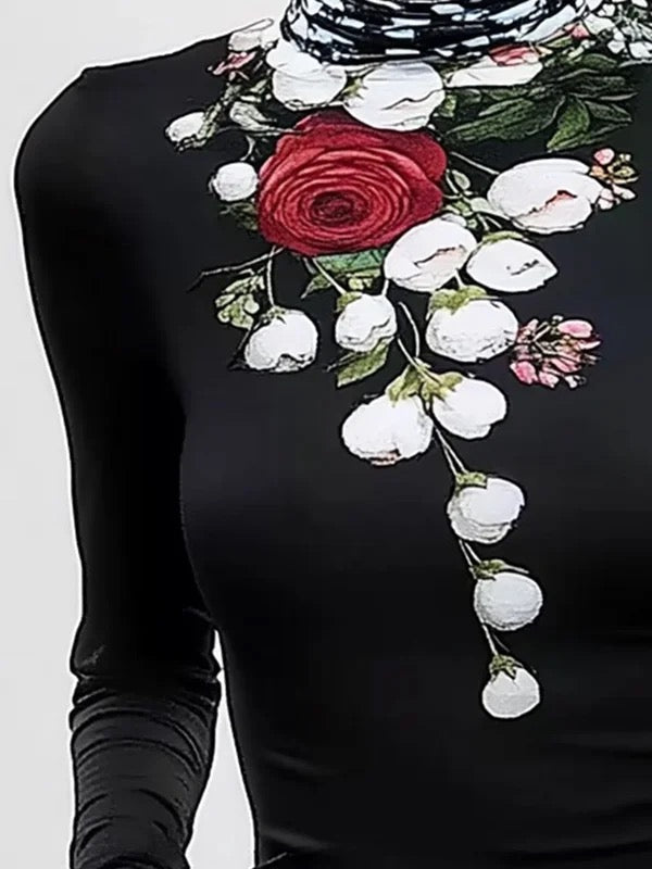 Long Sleeves Skinny Flower Print Split-Joint High Neck T-Shirts Tops