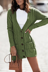 Green Front Pocket and Buttons Closure Cardigan