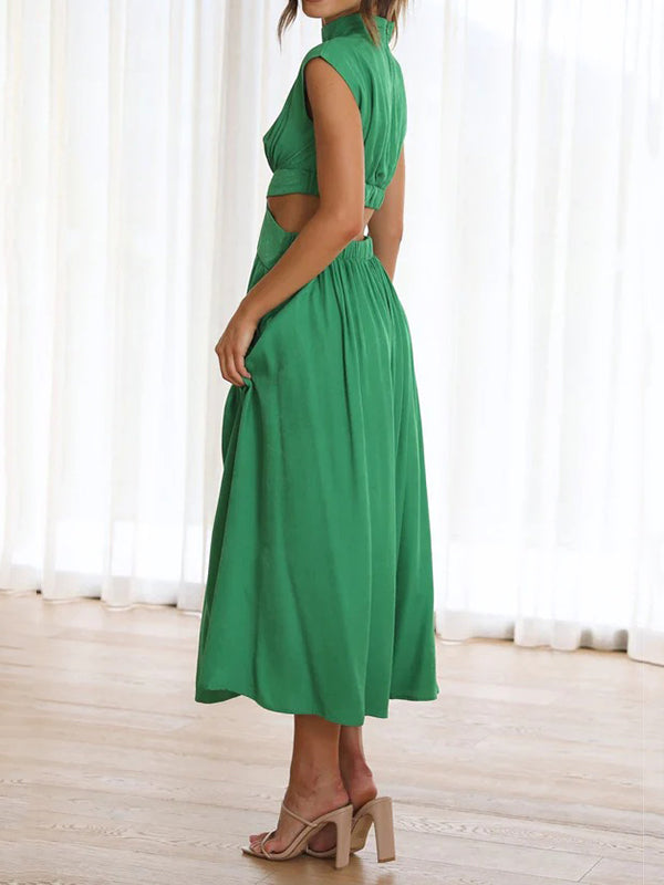 Cap Sleeve Belly-Hollow Pleated Solid Color Stand Collar Maxi Dresses