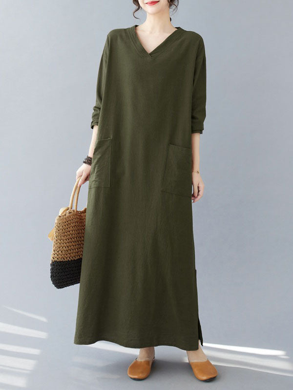 A-Line Long Sleeves Pockets Solid Color Split-Side V-Neck Maxi Dresses