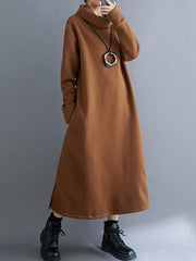 A-Line Long Sleeves Pockets Solid Color Split-Side Velvet High Neck Midi Dresses