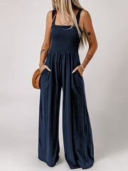 Sleeveless Wide Leg Pleated Solid Color Square-Neck Jumpsuits