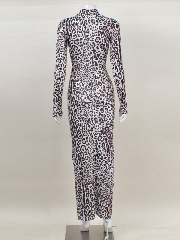 Bodycon Long Sleeves Leopard Pleated Printed Split-Front High Neck Maxi Dresses