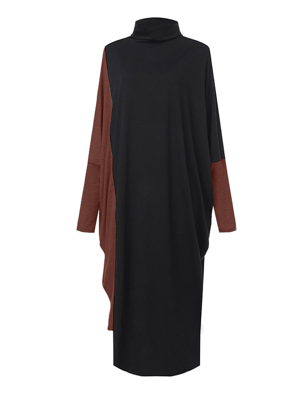 Casual Loose Split-Joint Contrast Color High-Neck Long Sleeves Dress