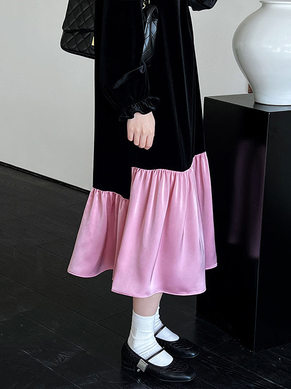 Flared Sleeves Long Sleeves Contrast Color Pleated Ruffled Split-Joint Velvet Round-Neck Midi Dresses