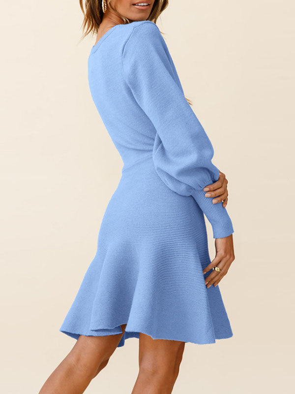 Puff Sleeves Wrap Solid Color Round-Neck Sweater Dress