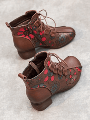 RUMOUR HAS IT | LACE-UP FLORAL EMBOSSED LEATHER BOOT - BROWN