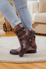 SOFFIA | ROSE GARDEN EMBOSSED LEATHER STRAP BOOT - BROWN