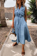 Chicindress Sleeveless Lace-Up Single-Breasted Denim Midi Dress