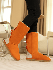 SMAIBULUN Ugg | Rhinestone Ribbon Tri-Tie Bow Suede Boots - Orange