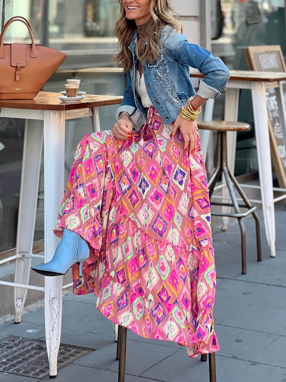 Bohemian Print Elastic Waist Tassel Maxi Skirt