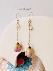 Pressed Flower Earrings - Pearl Rose Bud