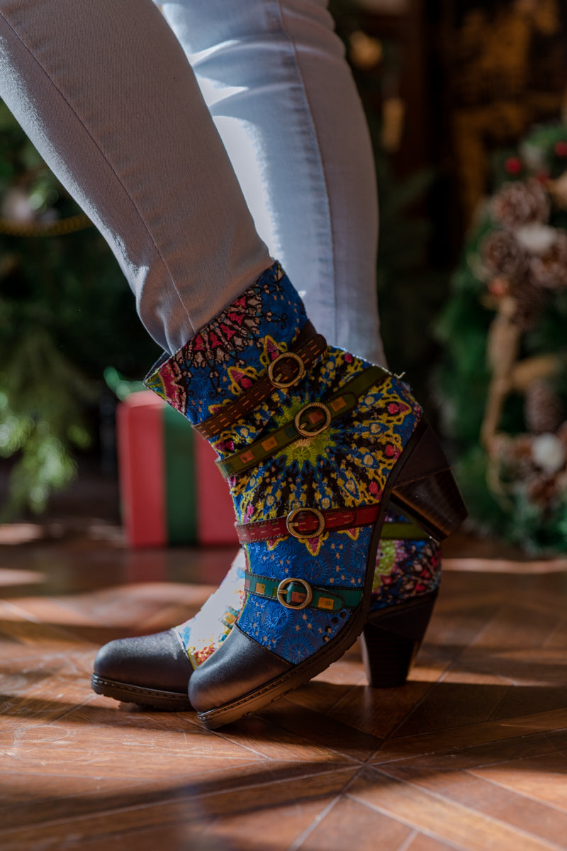 SOFFIA | MANDALA BLUE FIREWORK STRAP ACCENT LEATHER BOOT