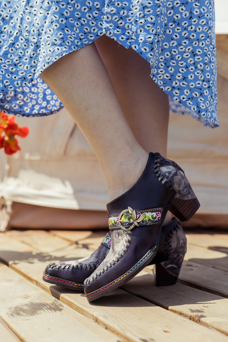 SOFFIA | Navy Leather Floral Strap-Accent Bootie