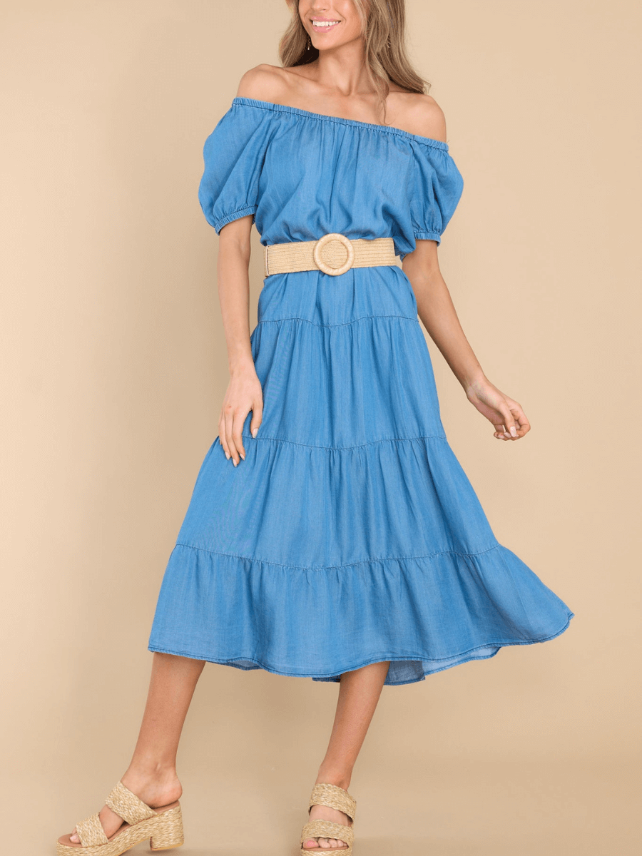 MADELINA TIERED COTTON BLEND DENIM MIDI DRESS