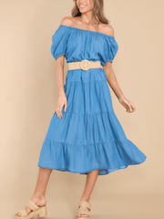 MADELINA TIERED COTTON BLEND DENIM MIDI DRESS